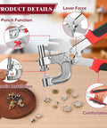 Leather Craft Rivets And Magnetic Snaps Kit With 160 Double Cap 10mm Rivets And 20 Magnetic Buttons tool details shown.