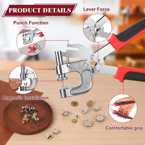 Leather Craft Rivets And Magnetic Snaps Kit With 160 Double Cap 10mm Rivets And 20 Magnetic Buttons tool details shown.