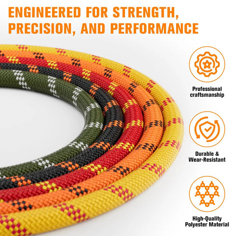 Close-up of multiple heavy duty rigging ropes in various colors, highlighting craftsmanship and durability with polyester material.