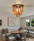 Three Light Boho Rattan Look Wood Ceiling Light Fixture In Oak And Black Finish Semi Flush Mount Farmhouse Chandelier in dining room