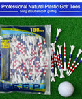 100 Pack Three And A Quarter Inch Plastic Golf Tees With Four Prongs For Less Friction And Spin Pro Grade Durable Tees Built For Stability High Visibility Markings In White Blue And Red For Consistent Height And Distance packaged on grass.