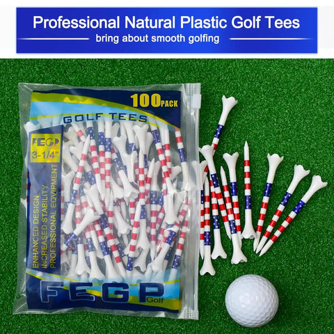 100 Pack Three And A Quarter Inch Plastic Golf Tees With Four Prongs For Less Friction And Spin Pro Grade Durable Tees Built For Stability High Visibility Markings In White Blue And Red For Consistent Height And Distance packaged on grass.