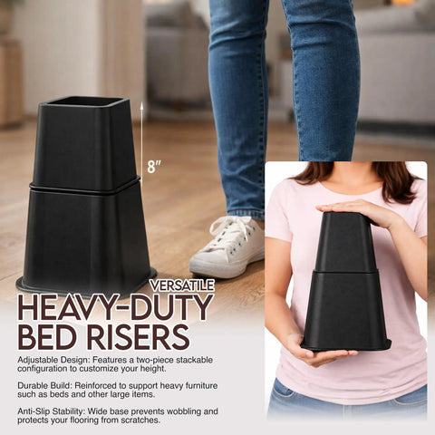 Person holding Stackable Bed Risers Set For Adjustable 3 Inch And 5 Inch Heights Up To 1,300 Lbs Capacity Total 8 Inch Lift Under Bed Storage Dorm Room Essential Heavy Duty Black 4 Pack showing stackable design.