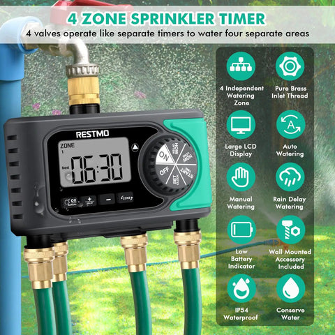 4 Zone Sprinkler Timer With Brass Inlet And Digital Control, Auto Garden Hose Water Timer For Lawn, 4 Independent Outlets