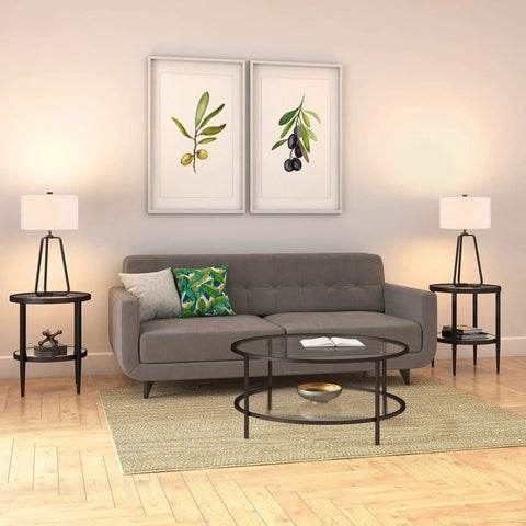 Modern living room with Cool Tall Table Lamp 25.5 Inches With Blackened Bronze Finish And White Fabric Drum Shade on side tables, couch in center