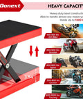 Beefy Heavy Duty Motorcycle Lift Scissor Jack 1200 Lb Capacity With Wide 9.06 By 14.57 Inch Deck shown lifting various motorcycle types