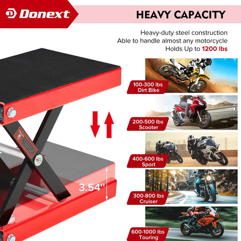 Beefy Heavy Duty Motorcycle Lift Scissor Jack 1200 Lb Capacity With Wide 9.06 By 14.57 Inch Deck shown lifting various motorcycle types