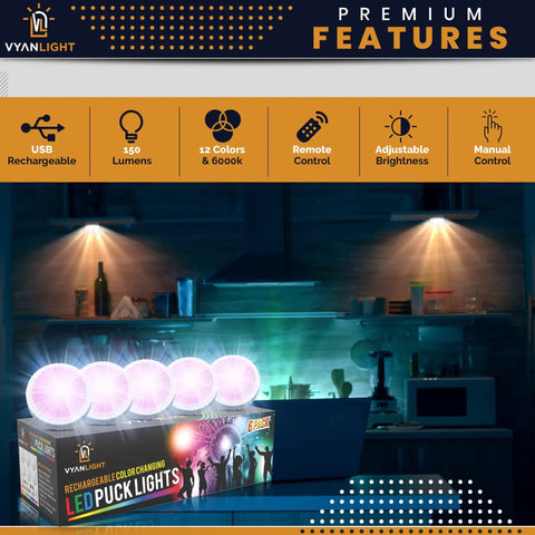 Rechargeable Puck Lights With Remotes, 16 Color Changing LED Puck Lighting, displayed illuminated in a kitchen setting
