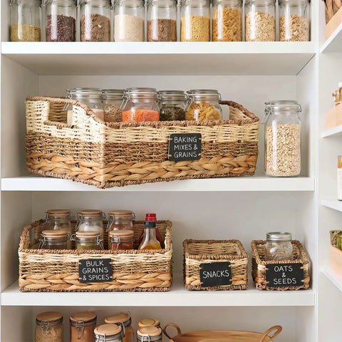Six Premium Handcrafted Wicker Pantry Baskets And Closet Storage Organizers With Matched Chalkboard Labels For Kitchen Decluttering Straight Up Game Changer Storage Set on shelves with jars.