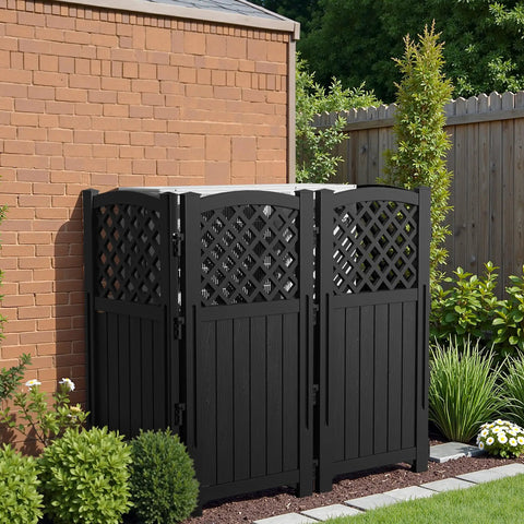 Outdoor Privacy Screen Fence For Trash Cans, Air Conditioners And Pool Equipment, 4 Panels, Black, 43.5 Inches High, Installed in Yard