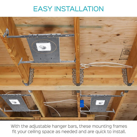 New Construction Mounting Plate For 3, 4, And 6 Inch LED Recessed Lights Kit With Extendable Hanger Bars installed in ceiling