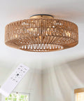 Boho Caged Fandelier With Lights Flush Mount Ceiling Fan With Remote Control Rattan Enclosed Ceiling Fan With Six Speeds