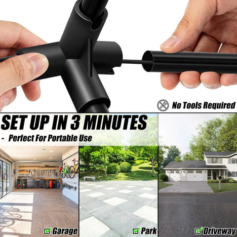 Hands assembling all in one portable pickleball and tennis practice net system no tools easy setup freestanding 10ft net