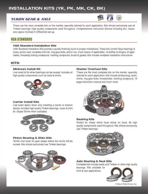 Installation kits for differential overhaul with bearings and races, including specifications and component images.