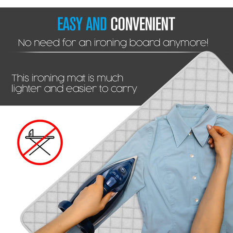 Ironing Mat For Any Flat Surface Portable Magnetic Ironing Pad with blue shirt being pressed, no ironing board needed