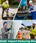 Workers wearing impact protection work gloves with grippy grip and touchscreen compatibility, suitable for construction and manufacturing tasks.