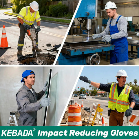 Workers wearing impact protection work gloves with grippy grip and touchscreen compatibility, suitable for construction and manufacturing tasks.