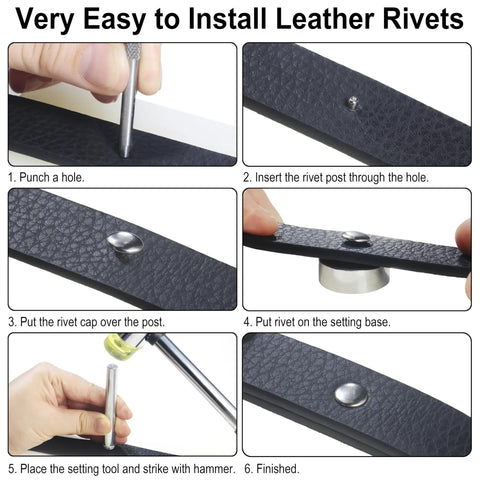 Step-by-step guide of using Colorful Leather Rivets Kit 380 Sets 8mm And 8x10mm 8x7mm Silver Double Cap Rivets With Tool DIY Kit on leather.
