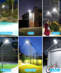 Two Pack 300W LED Solar Street Lights Outdoor IP66 Waterproof 30000 Lumens 6500K showing use around pool, yard, garden, playground, field, garage