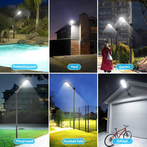 Two Pack 300W LED Solar Street Lights Outdoor IP66 Waterproof 30000 Lumens 6500K showing use around pool, yard, garden, playground, field, garage