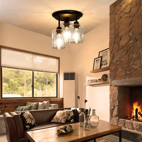 Semi Flush Mount Ceiling Light Fixture With Seeded Glass Shades, 3 Lights, Vintage Oil Rubbed Bronze Finish in rustic living room