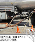 Tank truck with hoses and text 'Suitable for tank truck hoses'. 25 Pack Center Punch Hose Clamps Five Eighth Inch Wide Four Inch Diameter 0.025 Inch Thick 201 Stainless Steel Preformed Band Clamps For Hose Ducting Pipes Cable Management And More displayed in bottom corner.