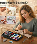 Travel Friendly Portable Sewing Kit With All The Essentials Thread Needles Scissors And Basic Tools shown with woman sewing