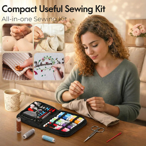 Travel Friendly Portable Sewing Kit With All The Essentials Thread Needles Scissors And Basic Tools shown with woman sewing
