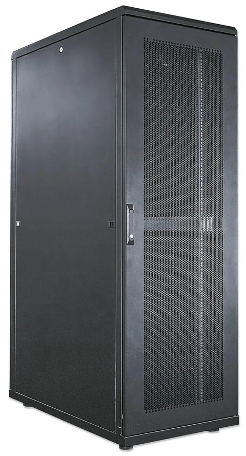 Heavy Duty 26U Server Rack And Network Cabinet 39 Inch Deep Steel Equipment Locker In Black view from the front showing perforated door.