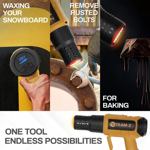 Pro Grade Heavy Duty Heat Gun Kit With Case Upgrade LCD Display And Overload Protection used for multiple tasks like waxing, removing rusted bolts, and baking.