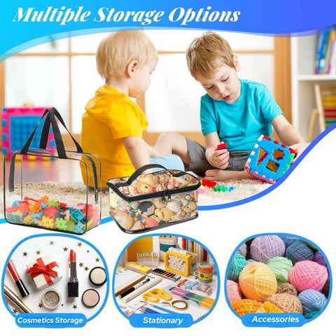 Children playing with board games near 4 Packs Clear Storage Bags With Two Sizes PVC Reusable Storage Organizer With Zippers Waterproof And Dustproof Case For Board Games Travel Cosmetic Bag For Puzzles Building Stationery And Makeup Black.