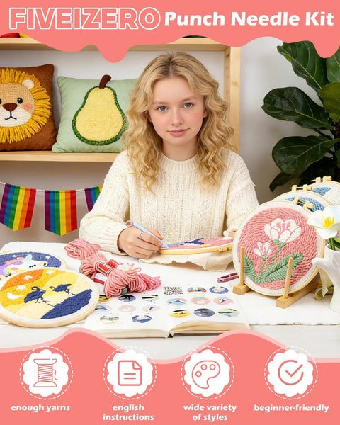 Person using DIY Punch Needle Kit For Beginners With Elk Pattern, embroidery hoop, colorful yarn, punch needle pen