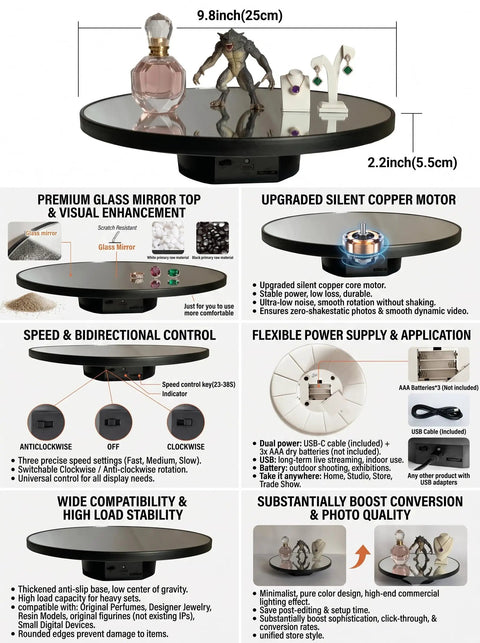 JAYEGT Motorized Rotating Display Stand, 10-Inch Mirror Finish Turntable With 11 Lb Load Capacity showcasing jewelry and perfume bottles.