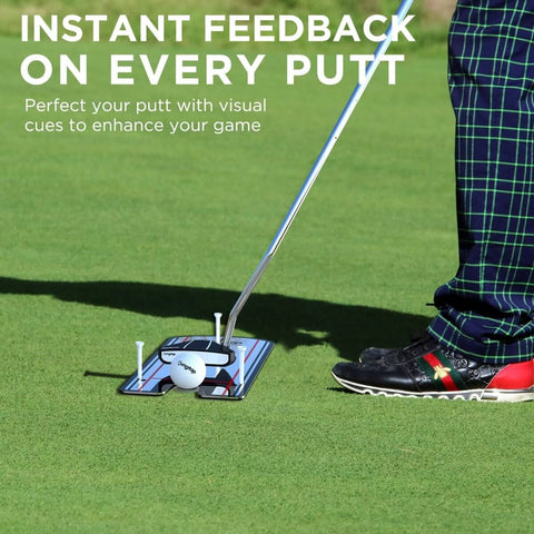 Golfer using Classic Golf Putting Mirror For Alignment And Consistency Training On The Go Portable 12 By 6 Inch Practice Mirror with tees on grass