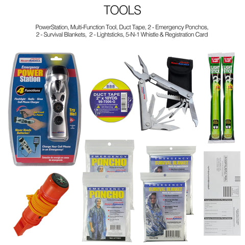 Ready America 72-Hour Emergency Kit with power station, duct tape, multitool, ponchos, survival blankets, and light sticks.