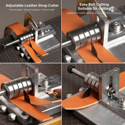 Manual Leather Strap Cutter For 60mm Width, Belt Cutting Machine With G-Clamps, 10 Sharp Blades, showing adjustable plate use