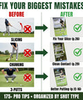 Golf Cheat Sheets Pocket Guide: 175 Plus Quick Reference Tips Across 36 Shot Types infographic; fixing slicing, chunking, 3-putts.