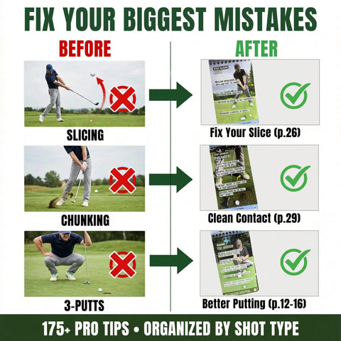 Golf Cheat Sheets Pocket Guide: 175 Plus Quick Reference Tips Across 36 Shot Types infographic; fixing slicing, chunking, 3-putts.