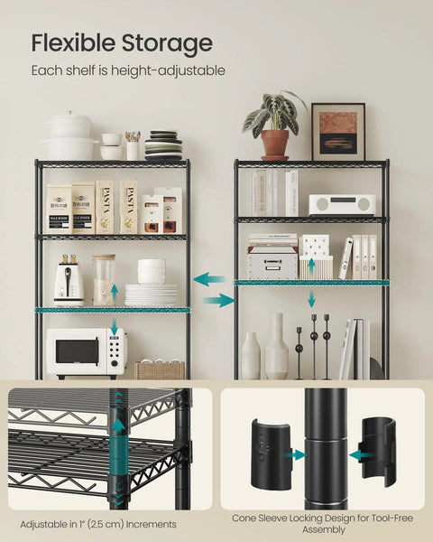 Five Tier Metal Wire Storage Shelf Unit With Adjustable Shelves For Garage Kitchen Pantry And Living Areas Ink Black Finish 11.8 Inch Deep 23.6 Inch Wide 63.4 Inch High Sturdy Durable And Easy Assembly, adjustable black wire shelves