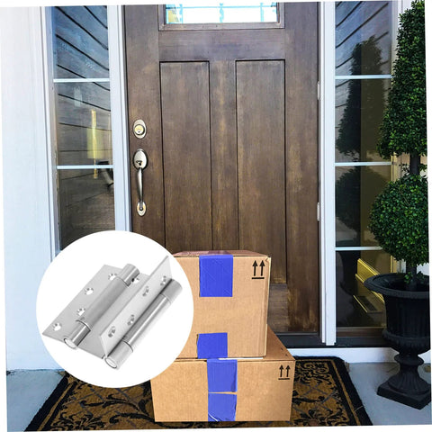 HOMSFOU 1-pair double-opening self-closing door hinges, stainless steel, shown on wooden front door.