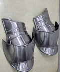 Epic Medieval Pauldron Armor Set Spaulders Pair with silver metallic finish for cosplay and LARP battle ready warrior costume.