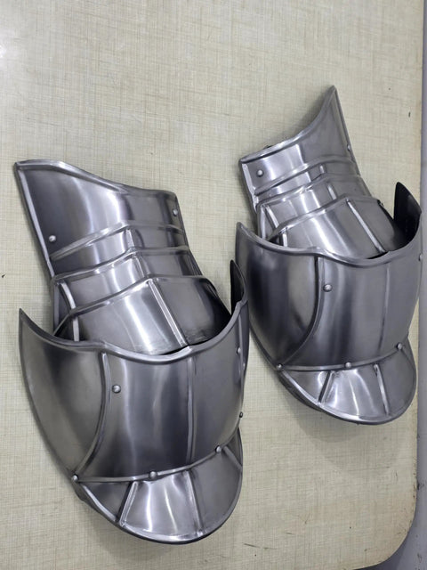 Epic Medieval Pauldron Armor Set Spaulders Pair with silver metallic finish for cosplay and LARP battle ready warrior costume.