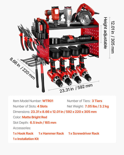 Wall Mounted Power Tool Organizer Three Tier Storage Rack With Four Drill Holders Side Pegboards And Hooks for garage
