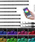 Lit 8 Piece Motorcycle Underglow LED Light Kit With App Control Multicolor RGB Strips and phone app shown