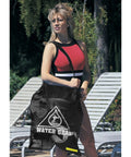 Woman holding Large Mesh Tote Bag With Zipper For Swim Gear, Balls And Aqua Equipment by poolside.
