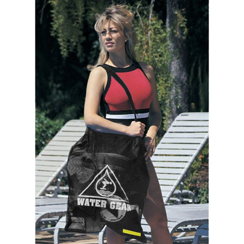 Woman holding Large Mesh Tote Bag With Zipper For Swim Gear, Balls And Aqua Equipment by poolside.