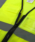 Road Warrior Reflective Safety Vest With Five Big Cargo Pockets And Secure Full Zipper Front Ansi Approved, neon yellow mesh detail.