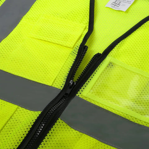 Road Warrior Reflective Safety Vest With Five Big Cargo Pockets And Secure Full Zipper Front Ansi Approved, neon yellow mesh detail.