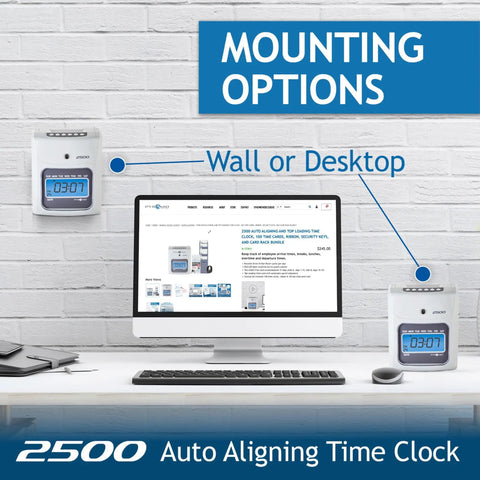Heavy Duty Small Business Time Clock Bundle With Ivory Shell And Auto Aligning Tech For Dead Simple Crew Attendance Tracking And Payroll Ready Six Column Cards mounted on wall and desk with digital display.