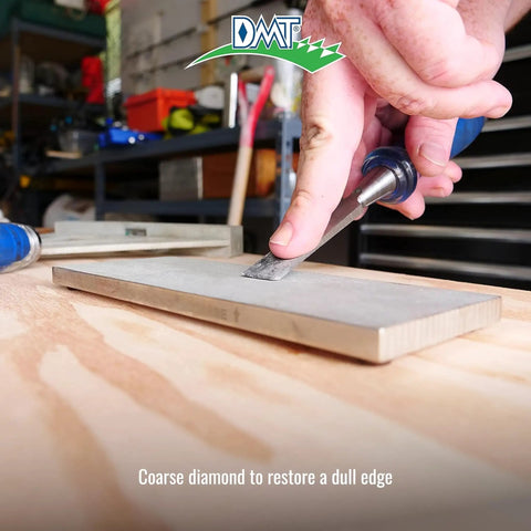 Person using Dia Sharp Diamond Knife Sharpener Bench Stone For Home Shop And Jobsite Coarse 325 Grit with chisel